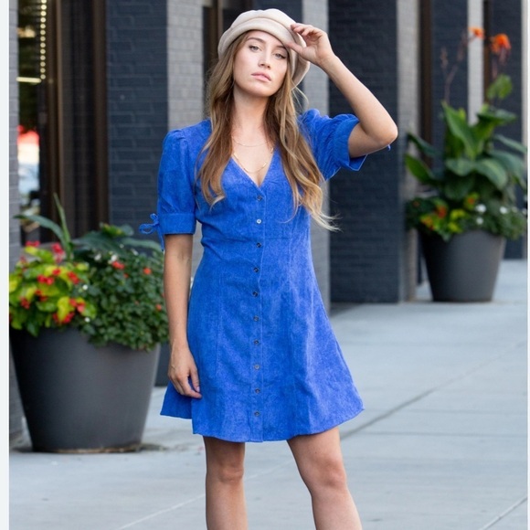 Day+Moon Sweetheart Blue Corduroy Button up Mini Dress Size Medium - Picture 6 of 15